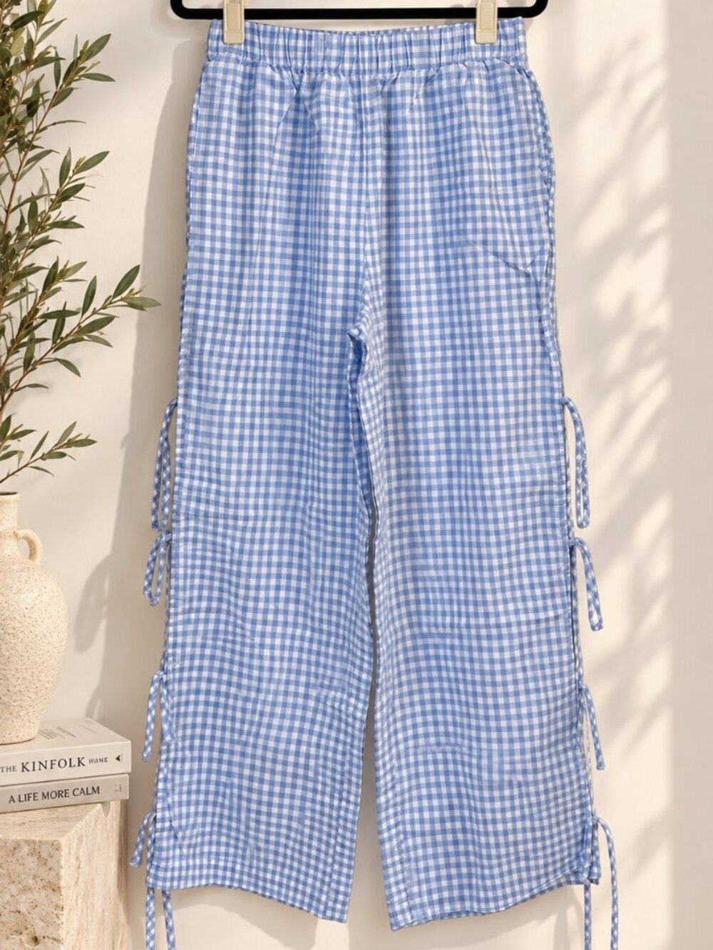 Sincerely Jules Blue Gingham Wide Leg Tie Detail Pants Size M NWOT